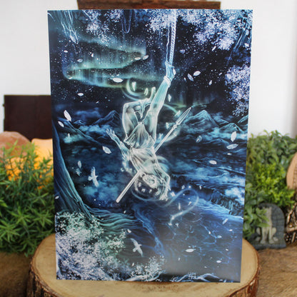 A4 print depicting Odin's ultimate act of sacrifice - hanging himself from the cosmic tree Yggdrasil for nine days and nine nights, wounded by his own spear Gungnir, to gain knowledge of the runes.