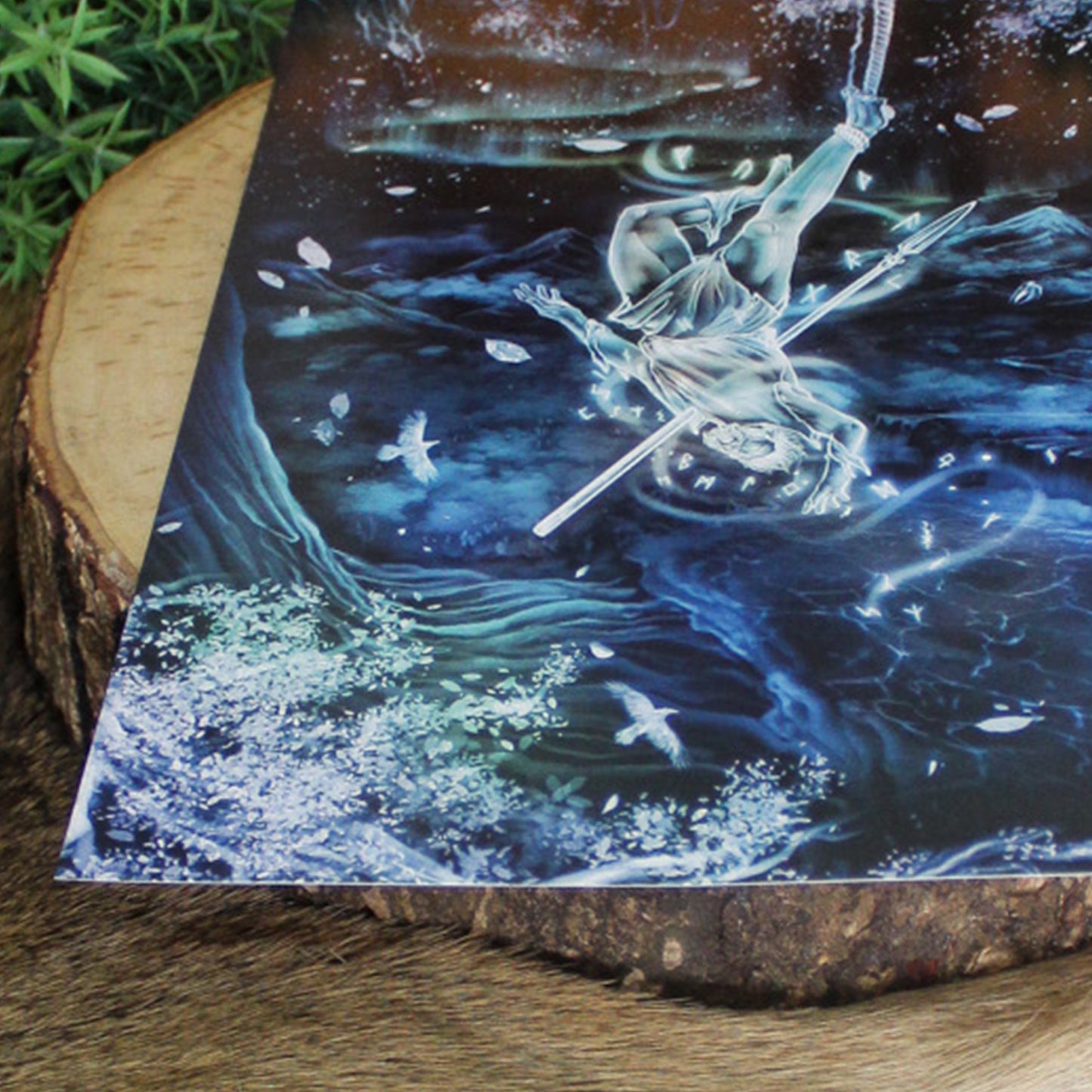 A4 print depicting Odin's ultimate act of sacrifice - hanging himself from the cosmic tree Yggdrasil for nine days and nine nights, wounded by his own spear Gungnir, to gain knowledge of the runes.