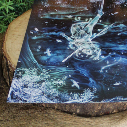 A4 print depicting Odin's ultimate act of sacrifice - hanging himself from the cosmic tree Yggdrasil for nine days and nine nights, wounded by his own spear Gungnir, to gain knowledge of the runes.