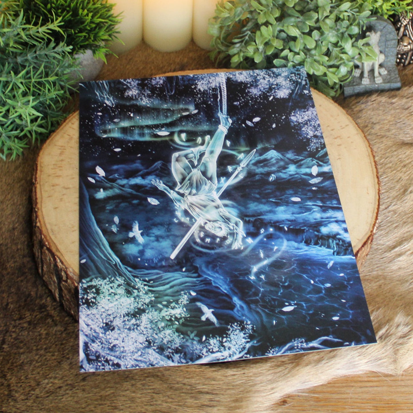 A4 print depicting Odin's ultimate act of sacrifice - hanging himself from the cosmic tree Yggdrasil for nine days and nine nights, wounded by his own spear Gungnir, to gain knowledge of the runes.