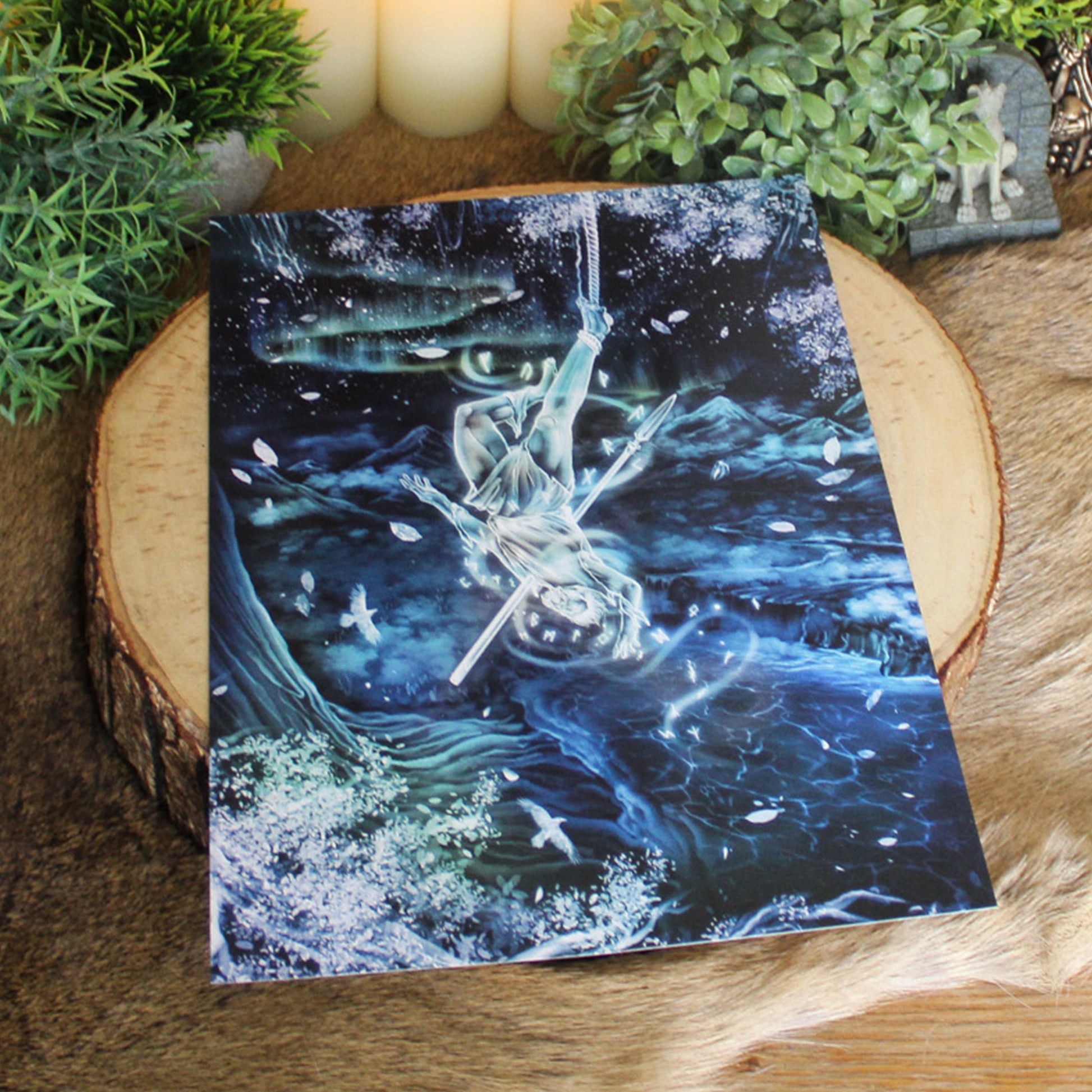 A4 print depicting Odin's ultimate act of sacrifice - hanging himself from the cosmic tree Yggdrasil for nine days and nine nights, wounded by his own spear Gungnir, to gain knowledge of the runes.