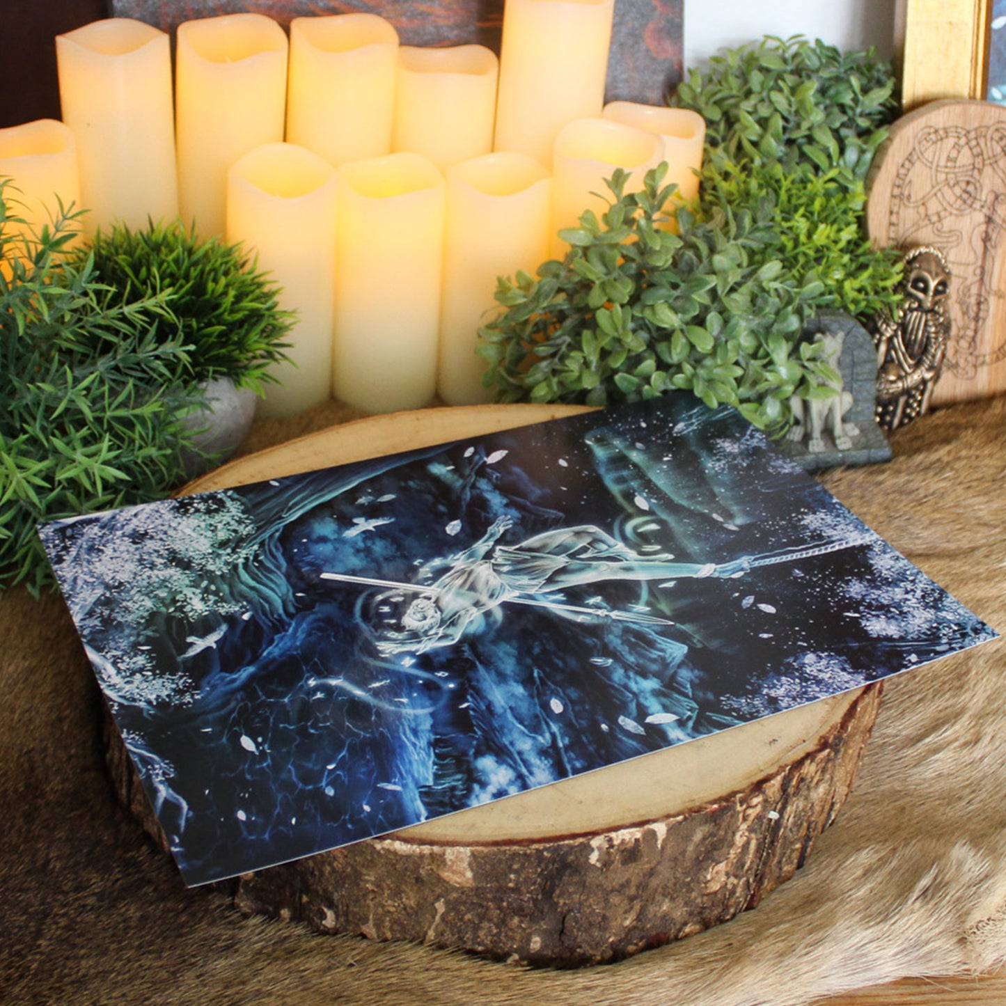 A4 print depicting Odin's ultimate act of sacrifice - hanging himself from the cosmic tree Yggdrasil for nine days and nine nights, wounded by his own spear Gungnir, to gain knowledge of the runes.