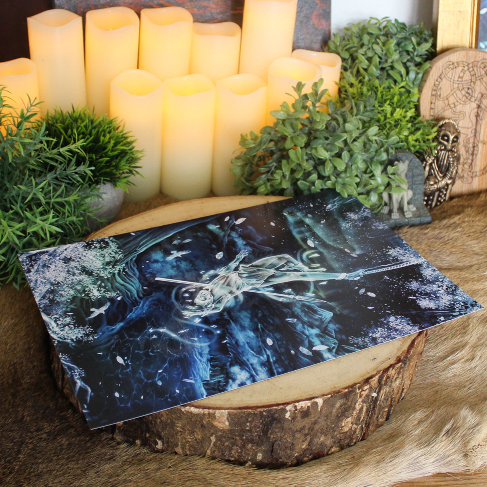 A4 print depicting Odin's ultimate act of sacrifice - hanging himself from the cosmic tree Yggdrasil for nine days and nine nights, wounded by his own spear Gungnir, to gain knowledge of the runes.