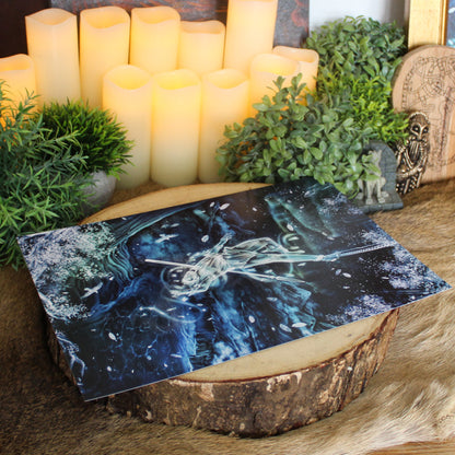 A4 print depicting Odin's ultimate act of sacrifice - hanging himself from the cosmic tree Yggdrasil for nine days and nine nights, wounded by his own spear Gungnir, to gain knowledge of the runes.