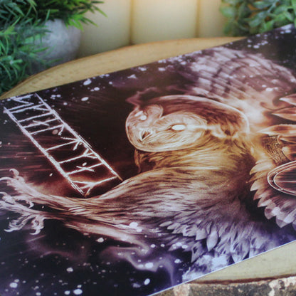 A4 print which depicts a fearless shieldmaiden - a warrior guided by wisdom and intuition, symbolised with the owl.