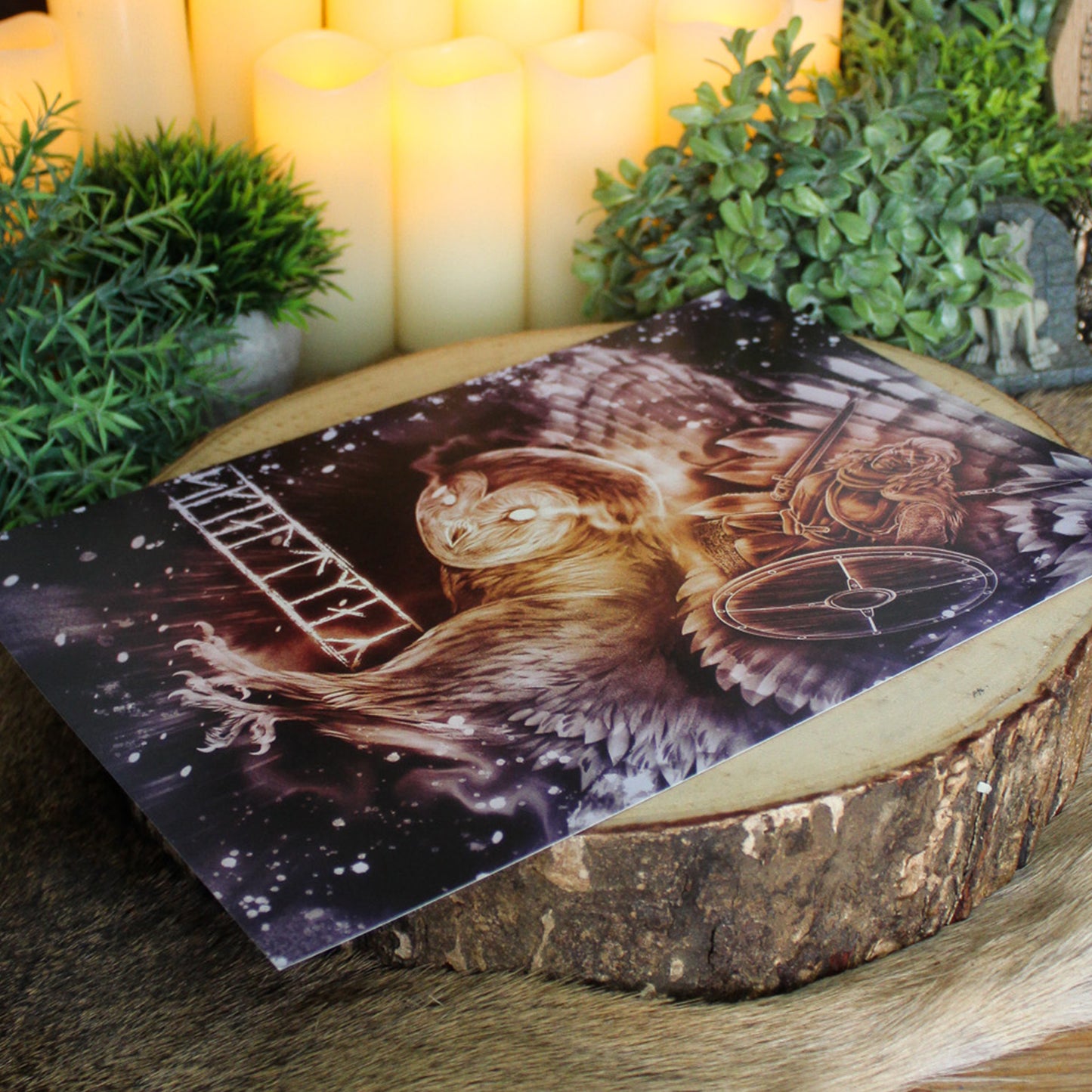 A4 print which depicts a fearless shieldmaiden - a warrior guided by wisdom and intuition, symbolised with the owl.