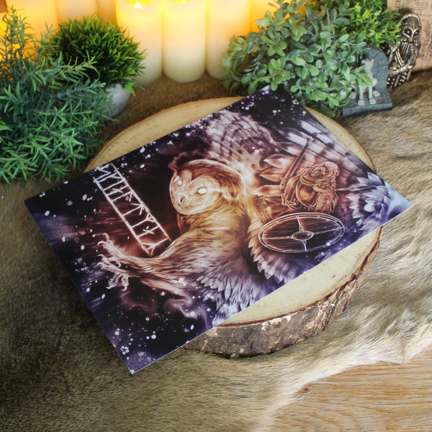 A4 print which depicts a fearless shieldmaiden - a warrior guided by wisdom and intuition, symbolised with the owl.