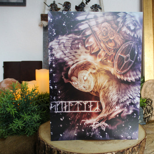 A4 print which depicts a fearless shieldmaiden - a warrior guided by wisdom and intuition, symbolised with the owl.