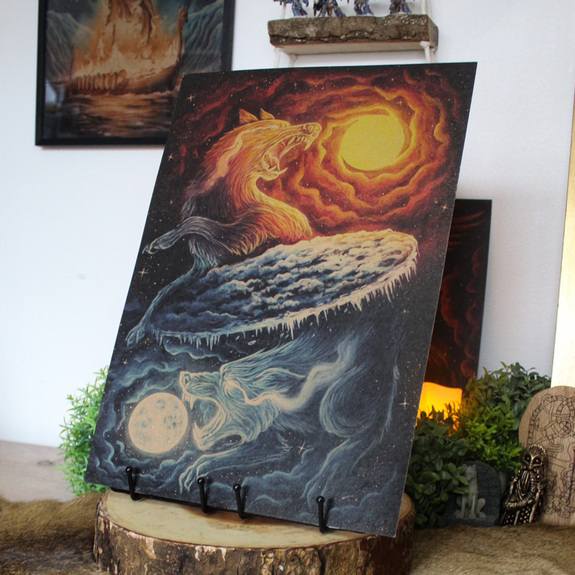 A3 art print of Sköll and Hati, the wolves who chase the sun and moon in Norse myth, printed on recycled brown paper for a rustic finish.