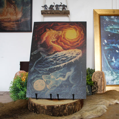 A3 art print of Sköll and Hati, the wolves who chase the sun and moon in Norse myth, printed on recycled brown paper for a rustic finish.