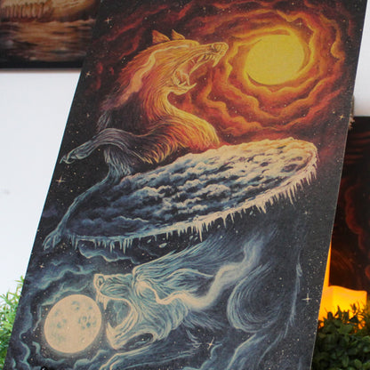 A3 art print of Sköll and Hati, the wolves who chase the sun and moon in Norse myth, printed on recycled brown paper for a rustic finish.