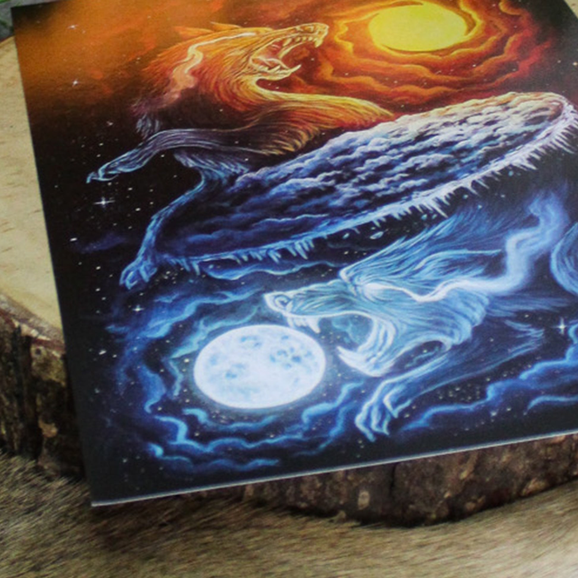 A4 art print of Sköll and Hati, the wolves who chase the sun and moon in Norse myth.