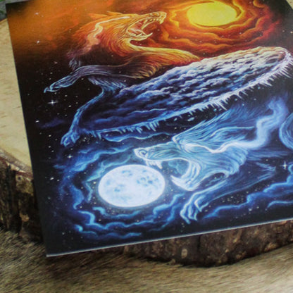 A4 art print of Sköll and Hati, the wolves who chase the sun and moon in Norse myth.