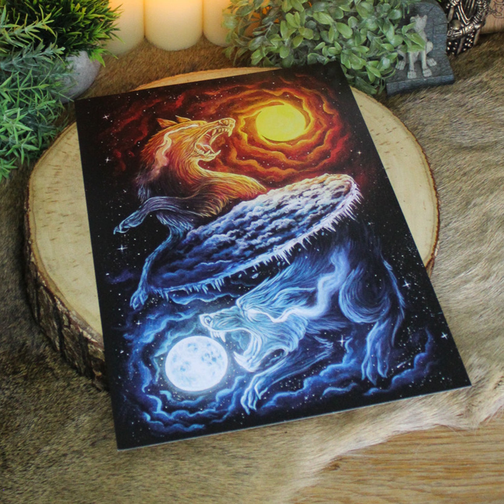A4 art print of Sköll and Hati, the wolves who chase the sun and moon in Norse myth.