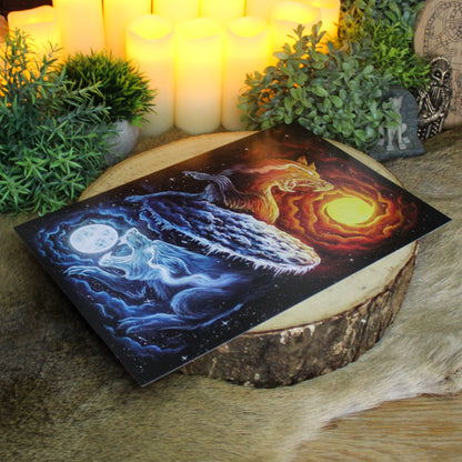 A4 art print of Sköll and Hati, the wolves who chase the sun and moon in Norse myth.