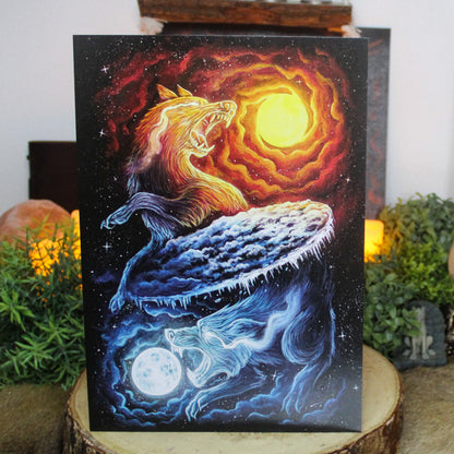 A4 art print of Sköll and Hati, the wolves who chase the sun and moon in Norse myth.