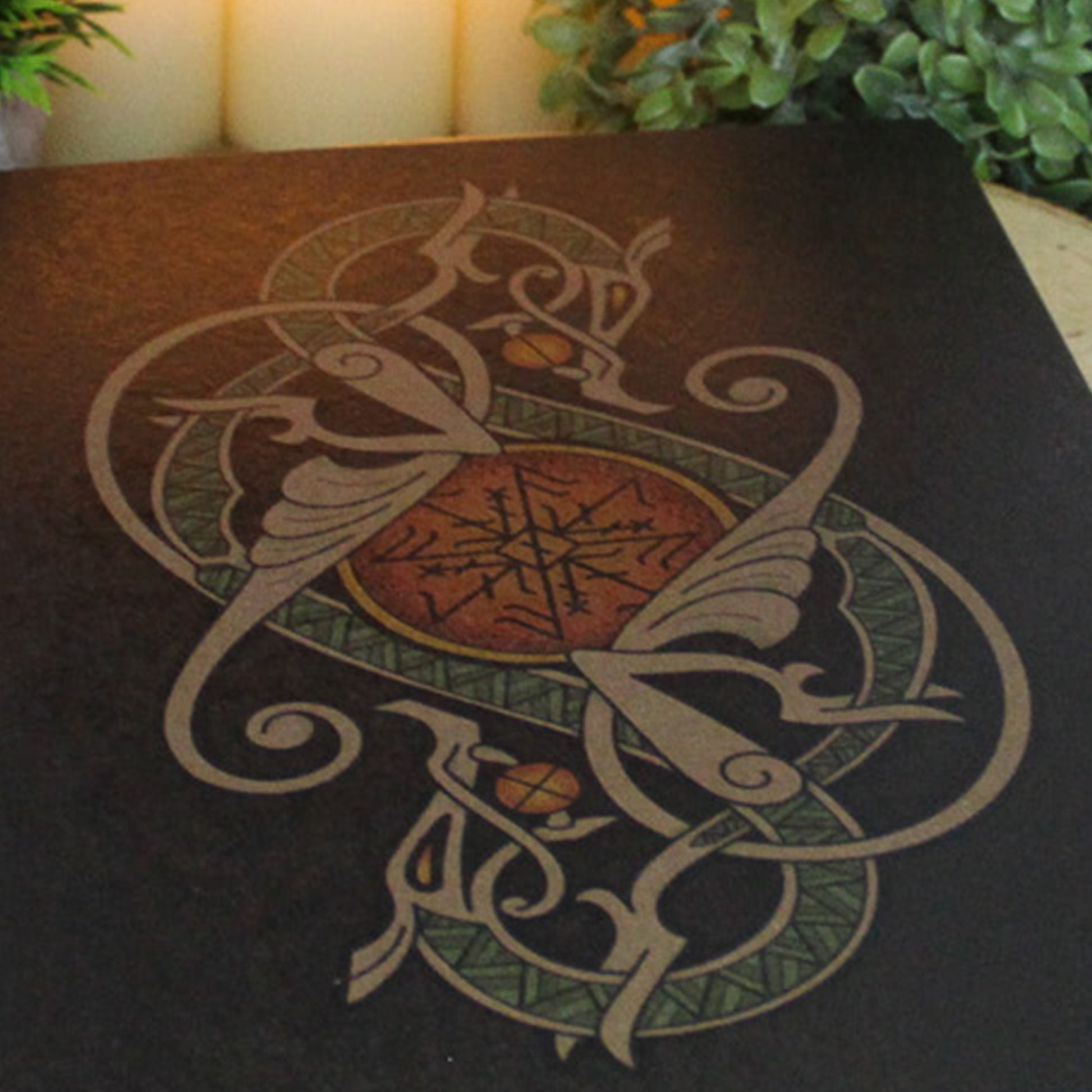 A4 print with a stunning depiction of the celestial wolves, Sköll and Hati, two great figures of Norse myth. This print captures their eternal pursuit in a striking, interwoven traditional Viking knotwork design. Created by Jonas Lau Markussen.