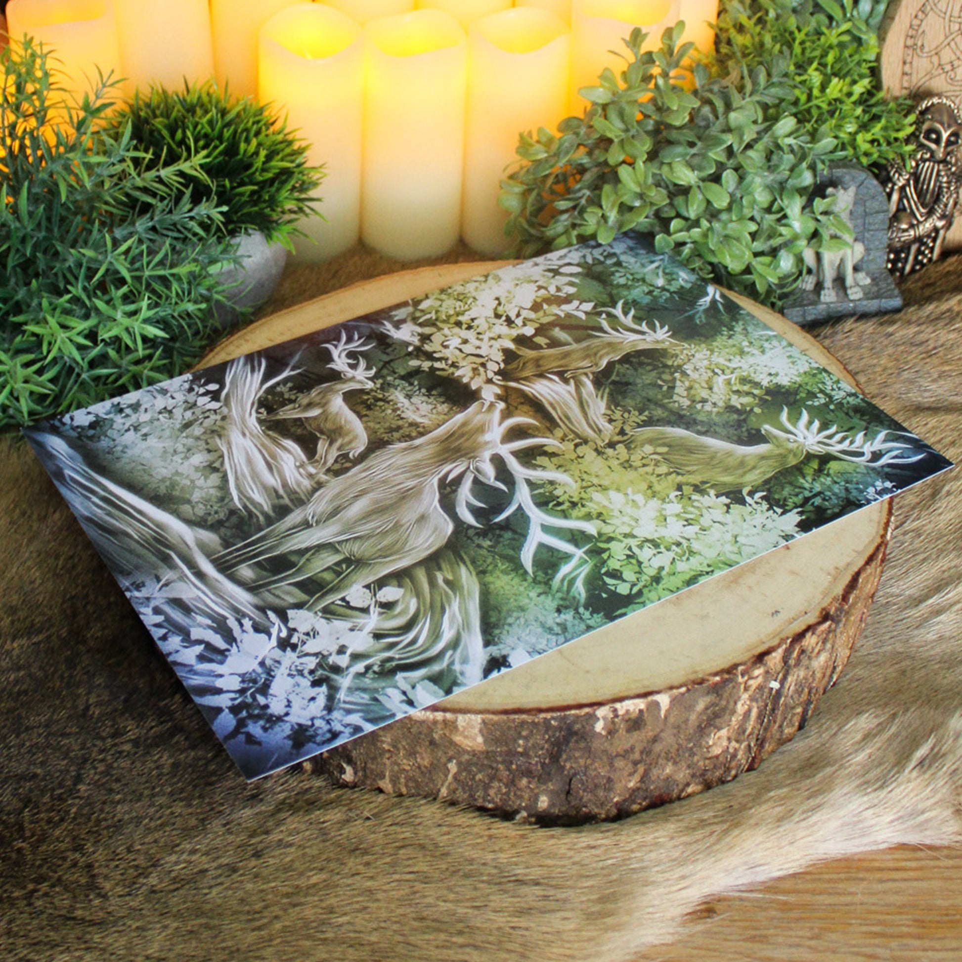 A4 art print of stags feeding from Yggdrasill, Norse World Tree.