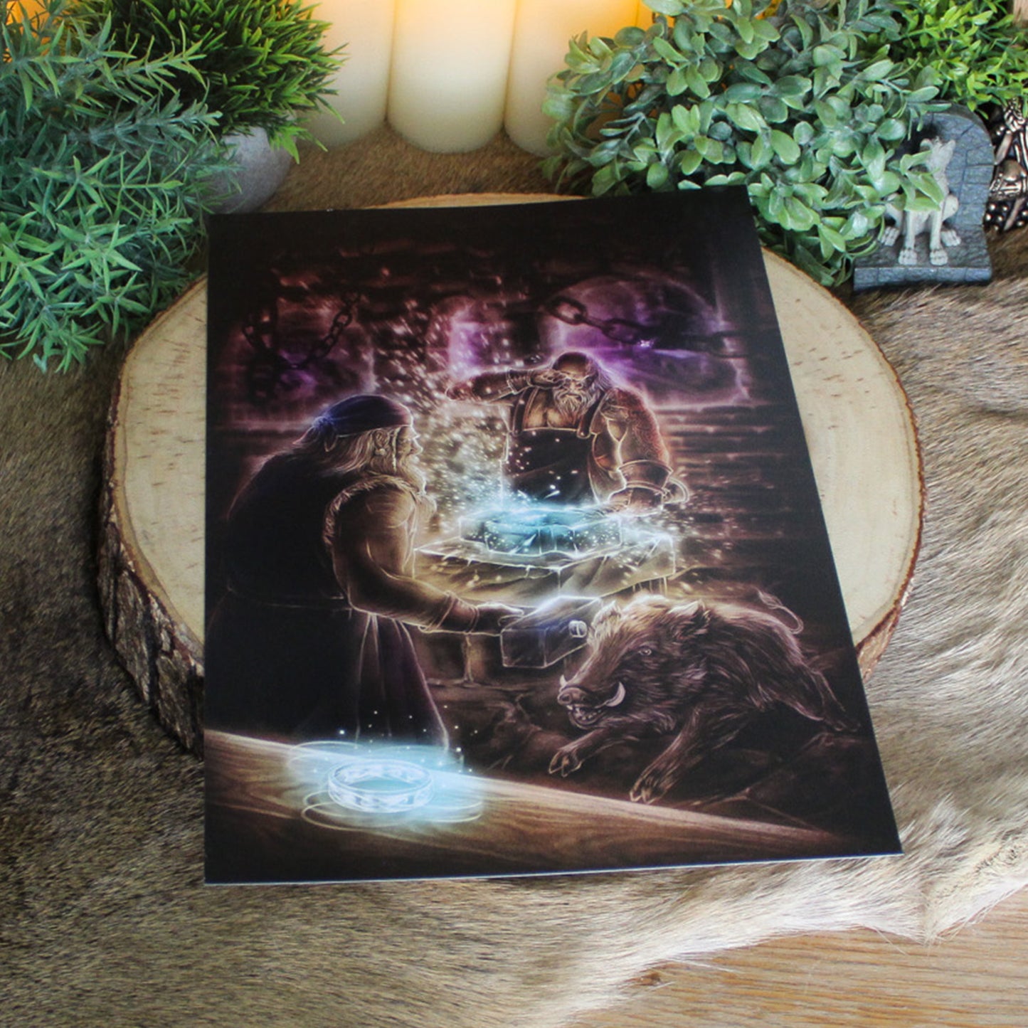 A4 print depicting the dwarves Sindri and Brokkr forging Mjölnir, Thor’s hammer, in fire and fury.