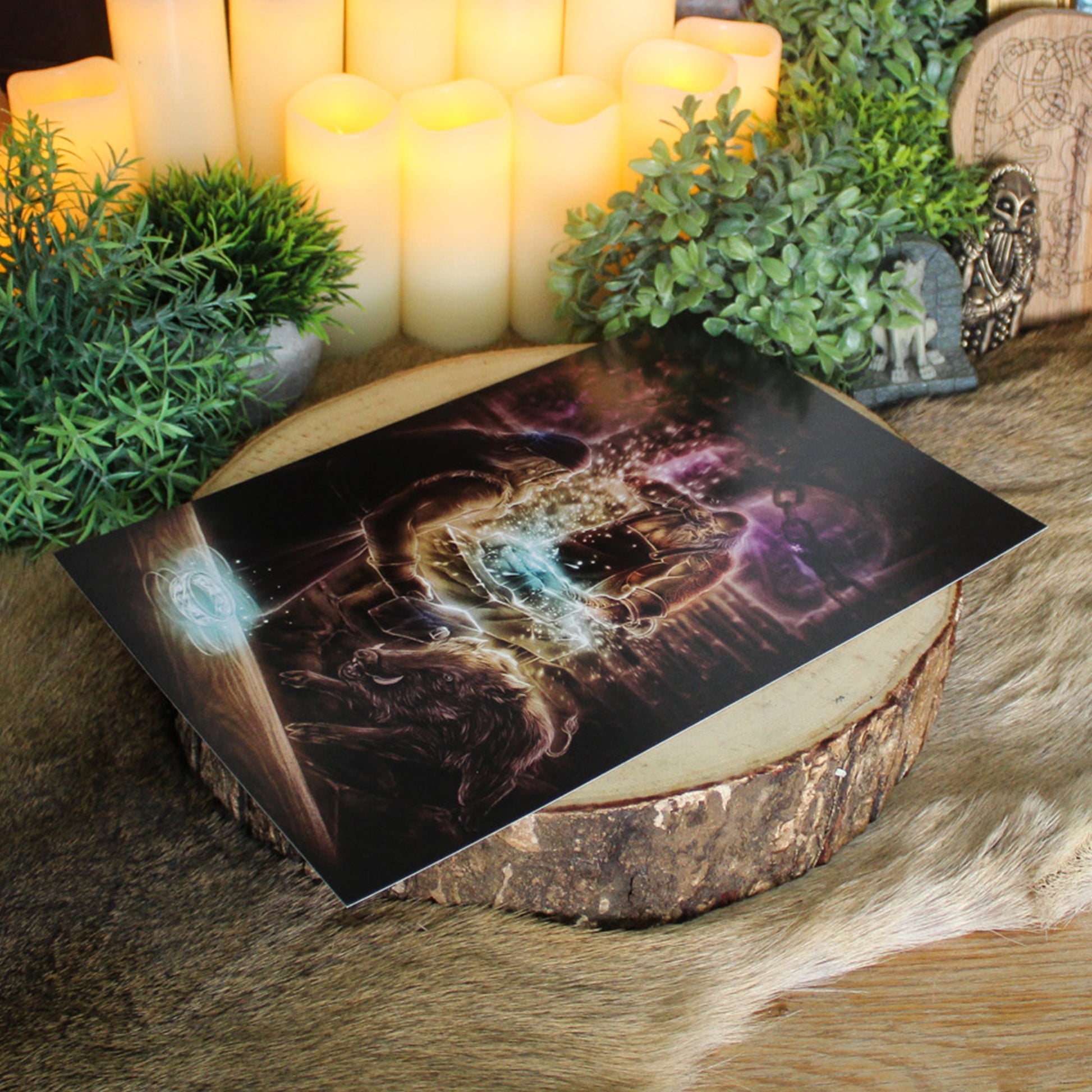 A4 print depicting the dwarves Sindri and Brokkr forging Mjölnir, Thor’s hammer, in fire and fury.