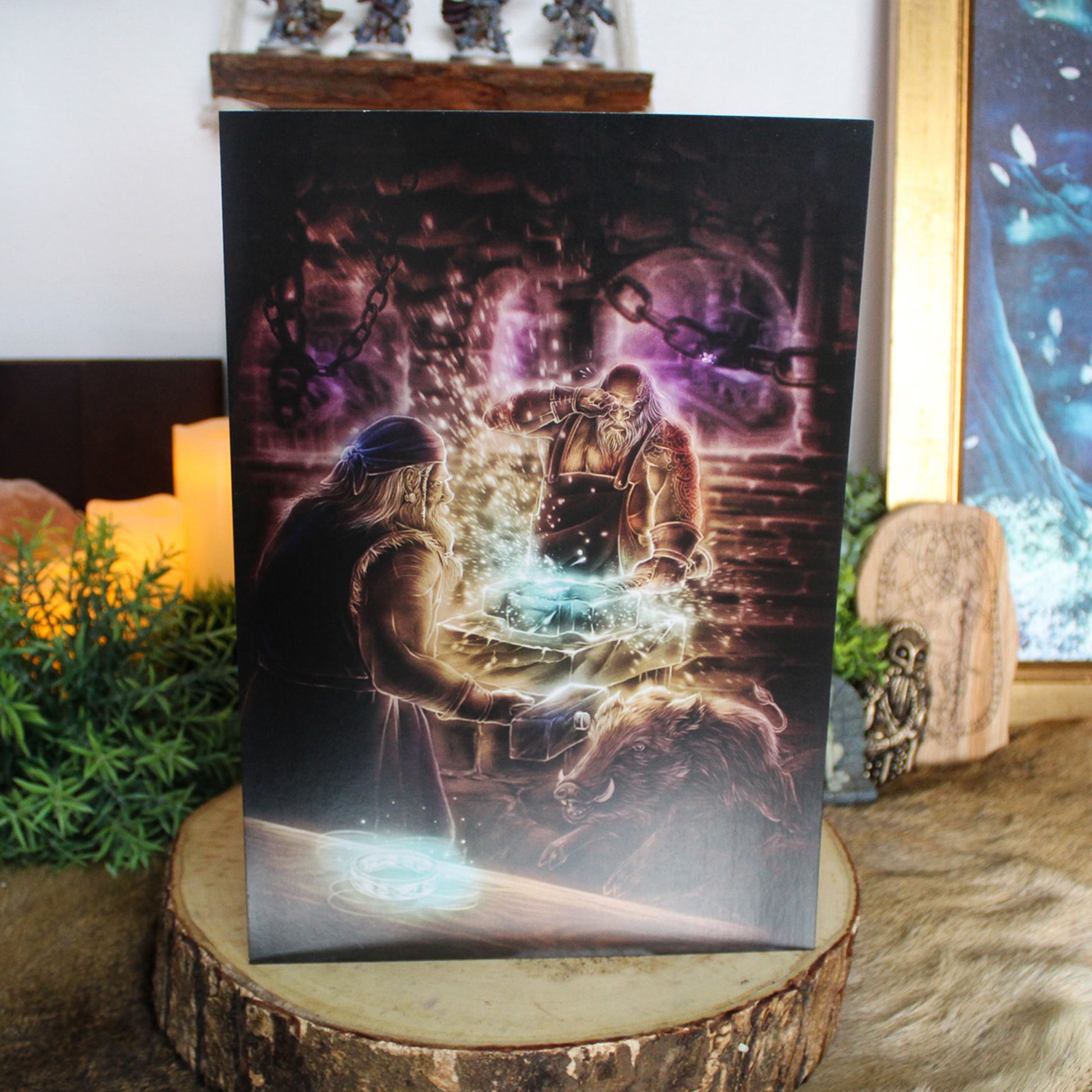 A4 print depicting the dwarves Sindri and Brokkr forging Mjölnir, Thor’s hammer, in fire and fury.