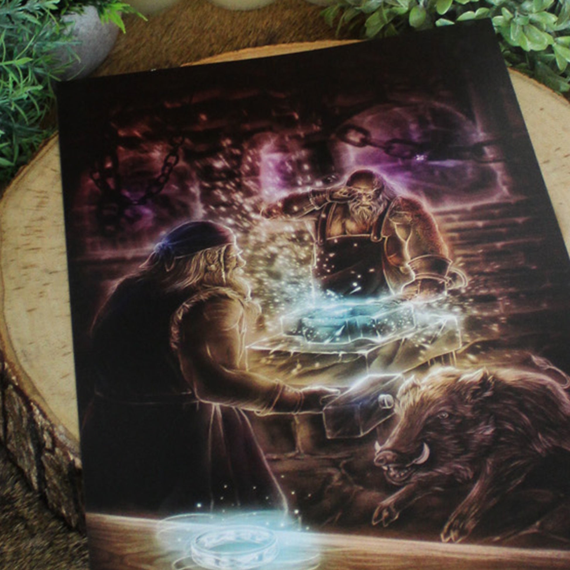 A4 print depicting the dwarves Sindri and Brokkr forging Mjölnir, Thor’s hammer, in fire and fury.