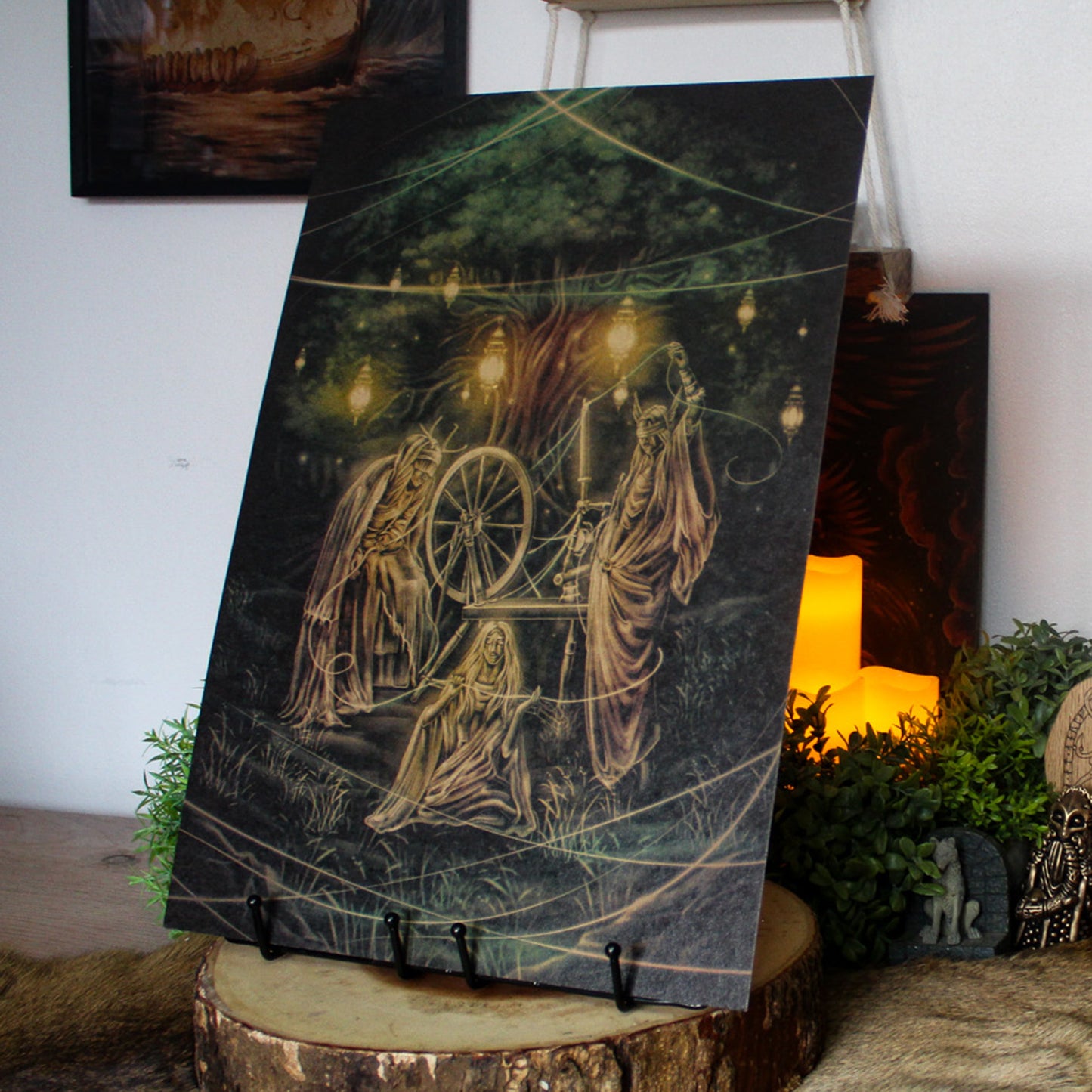 A3 art print depicting the Norns weaving the threads of fate in Norse mythology, printed on recycled brown paper for a rustic finish.