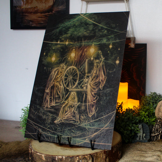 A3 art print depicting the Norns weaving the threads of fate in Norse mythology, printed on recycled brown paper for a rustic finish.