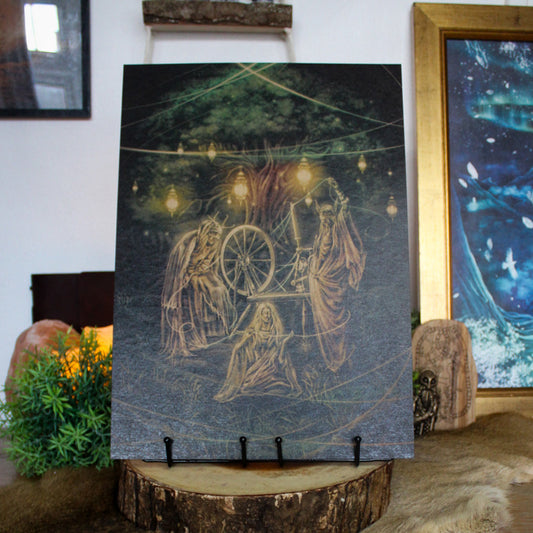 A3 art print depicting the Norns weaving the threads of fate in Norse mythology, printed on recycled brown paper for a rustic finish.