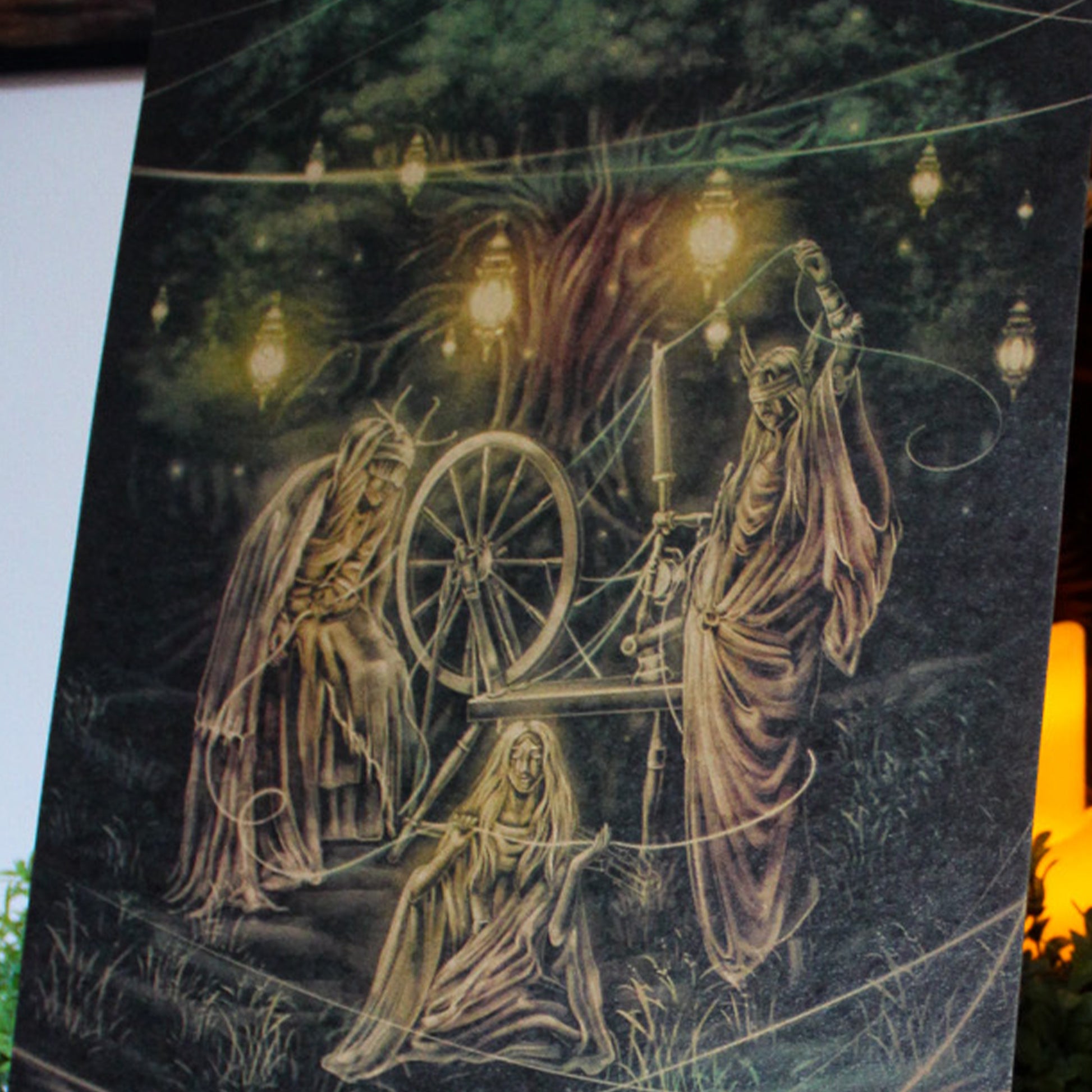 A3 art print depicting the Norns weaving the threads of fate in Norse mythology, printed on recycled brown paper for a rustic finish.