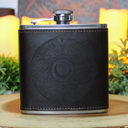 Viking Brooch Leather Hip Flask