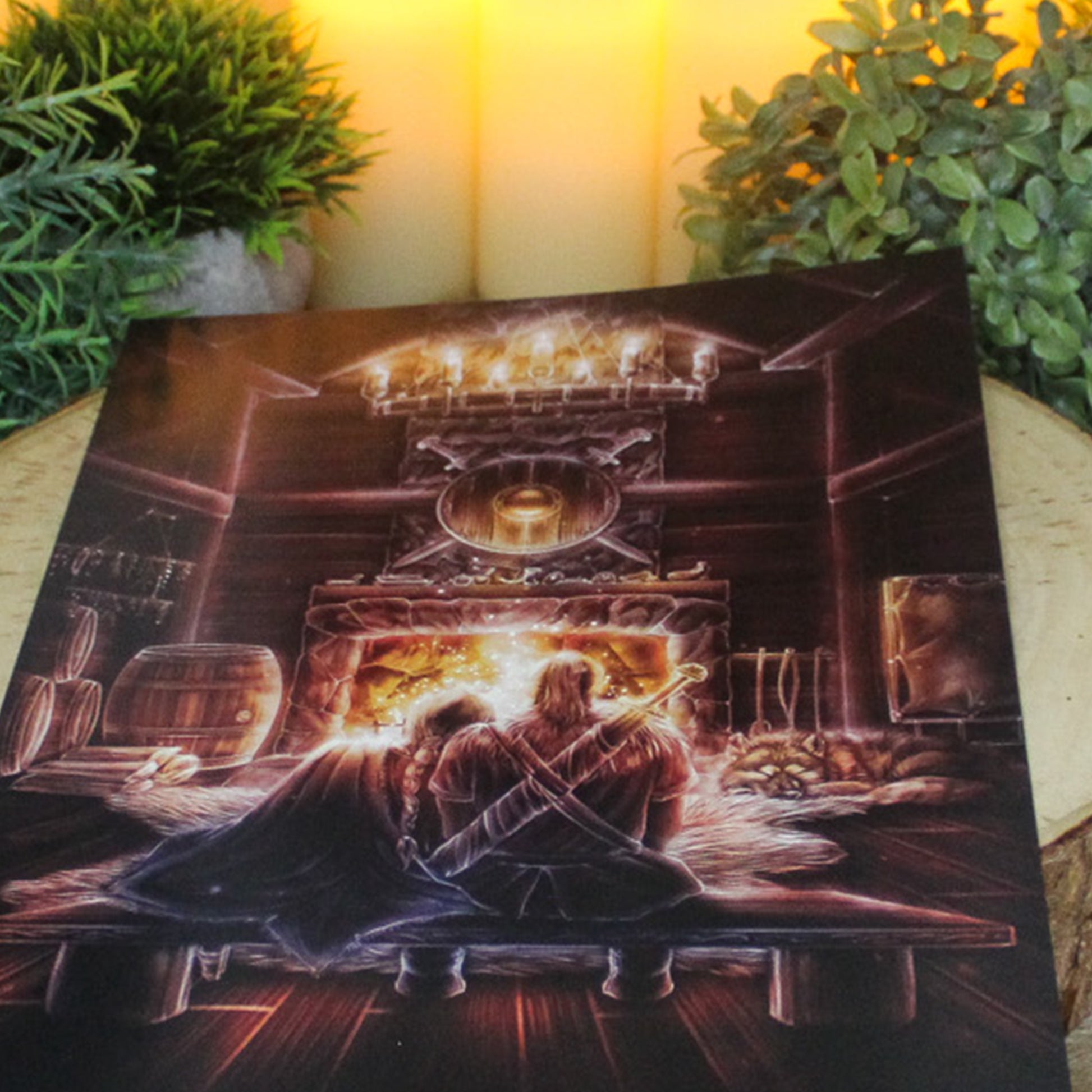 A4 art print of Viking homestead, showing a cosy Viking home. A peaceful moment of Norse life, resting by the hearth.