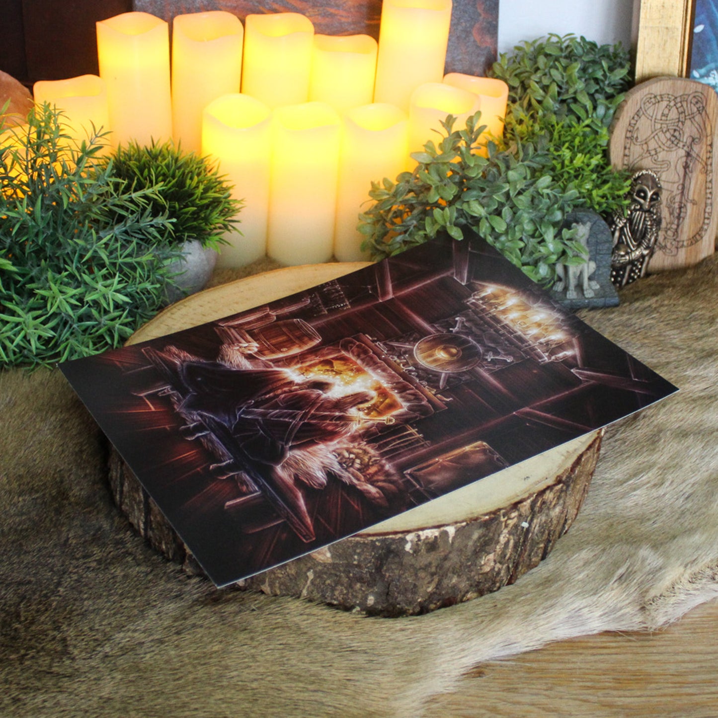 A4 art print of Viking homestead, showing a cosy Viking home. A peaceful moment of Norse life, resting by the hearth.