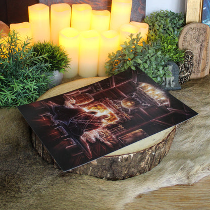 A4 art print of Viking homestead, showing a cosy Viking home. A peaceful moment of Norse life, resting by the hearth.