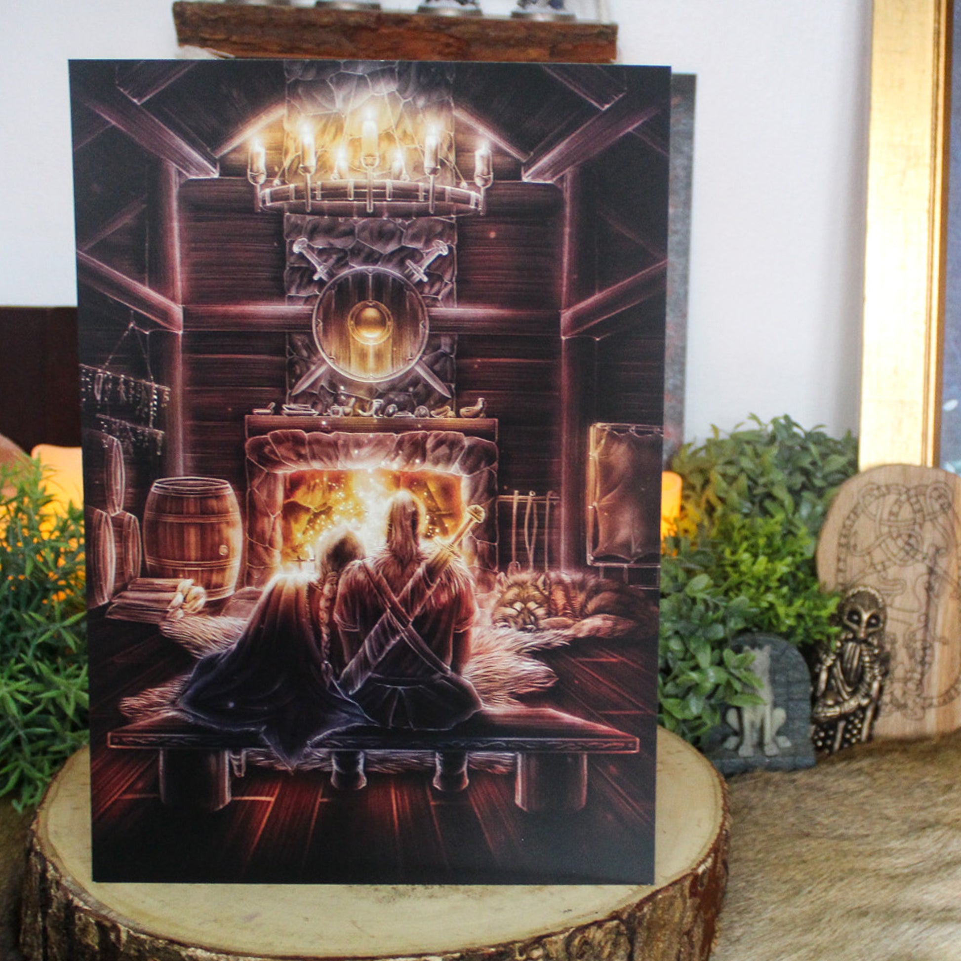 A4 art print of Viking homestead, showing a cosy Viking home. A peaceful moment of Norse life, resting by the hearth.