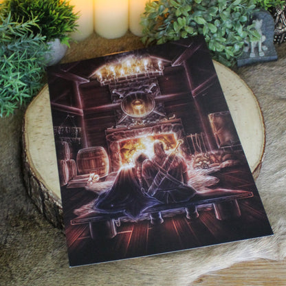 A4 art print of Viking homestead, showing a cosy Viking home. A peaceful moment of Norse life, resting by the hearth.