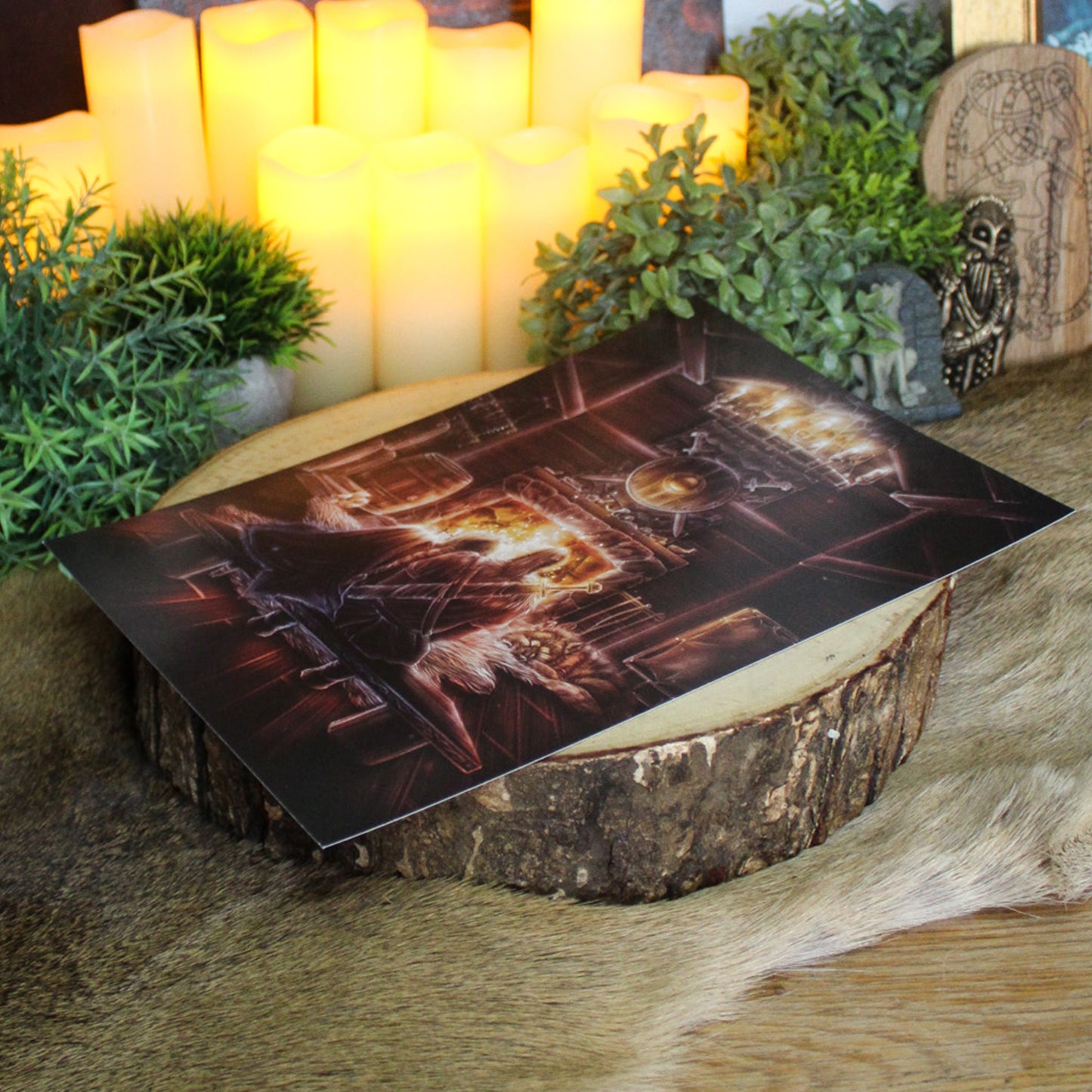 A4 art print of Viking homestead, showing a cosy Viking home. A peaceful moment of Norse life, resting by the hearth.