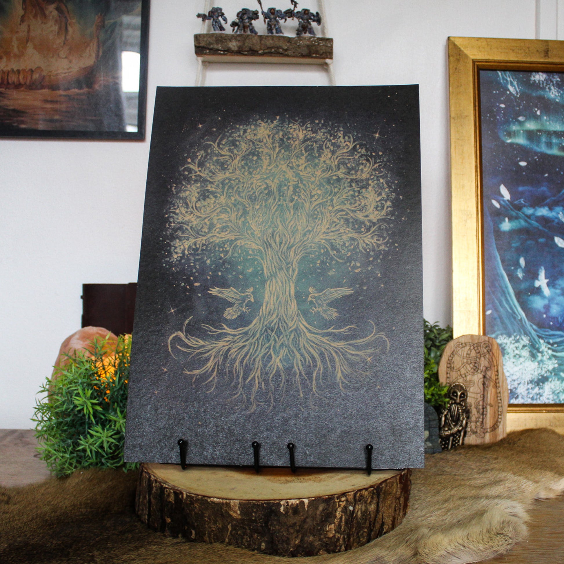 A3 art print of Yggdrasill, the Norse world tree linking the nine realms, printed on recycled brown paper for a rustic finish.