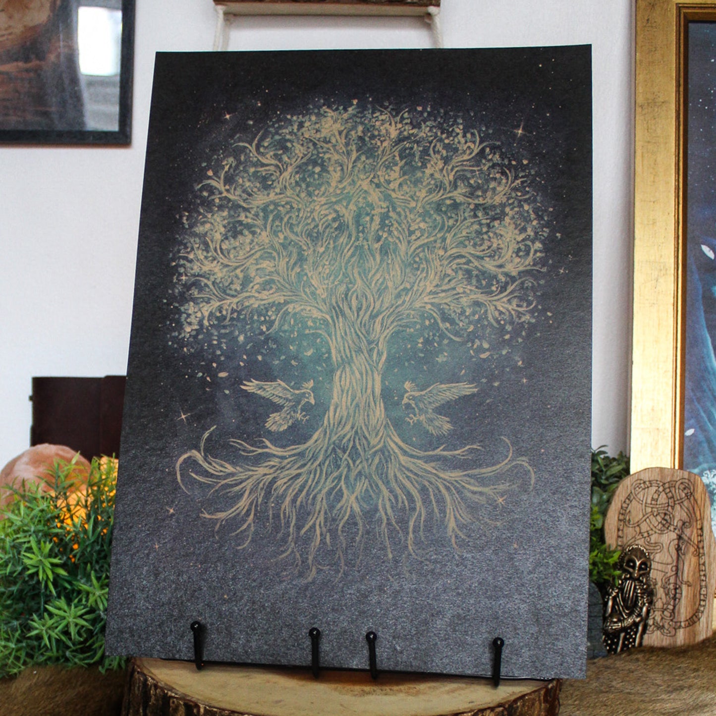 A3 art print of Yggdrasill, the Norse world tree linking the nine realms, printed on recycled brown paper for a rustic finish.