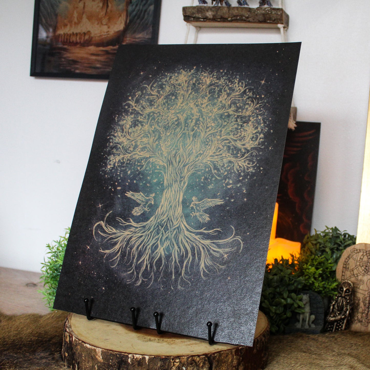A3 art print of Yggdrasill, the Norse world tree linking the nine realms, printed on recycled brown paper for a rustic finish.