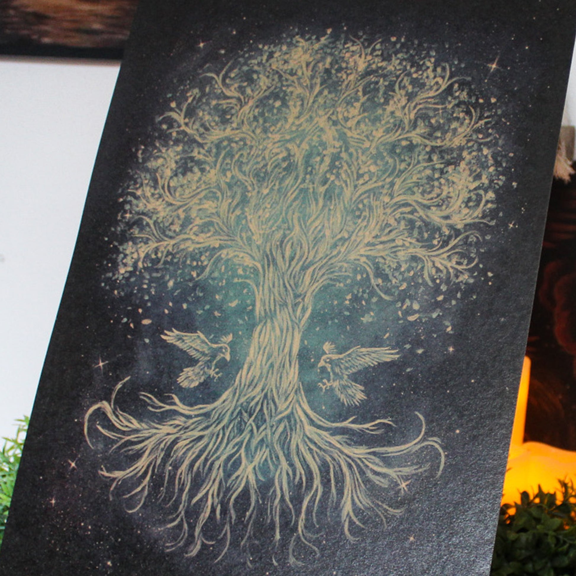 A3 art print of Yggdrasill, the Norse world tree linking the nine realms, printed on recycled brown paper for a rustic finish.