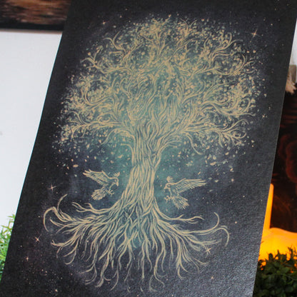 A3 art print of Yggdrasill, the Norse world tree linking the nine realms, printed on recycled brown paper for a rustic finish.